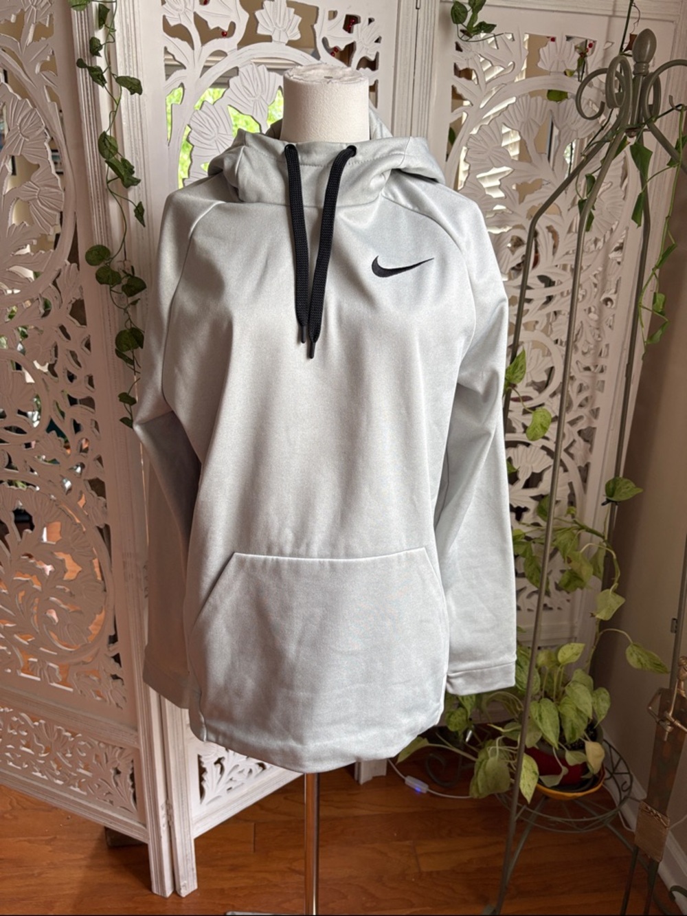 Men’s Nike Light Silver Hoodie with Black Swoosh and Drawstrings